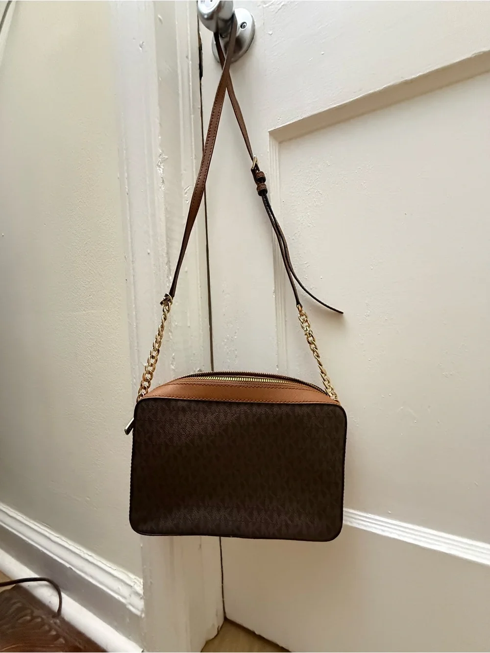 Michael Kors Dark Brown Logo Crossbody with Gold Chain Strap